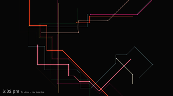 An L train departs at 6:32 pm as other lines pluck and intersect.