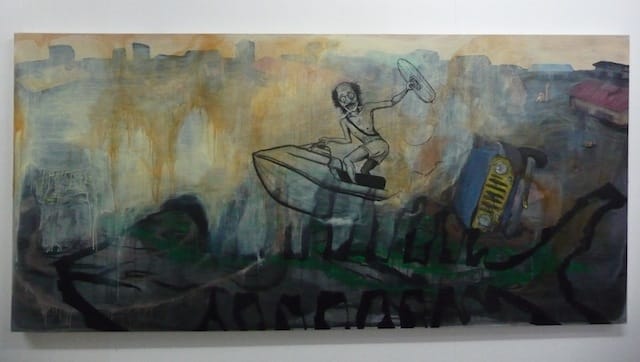 England Hidalgo's paintings explore current events and social ills. Here, an old man jet skis through a flooded city reminiscent of many cities that have suffered under watery devastation.