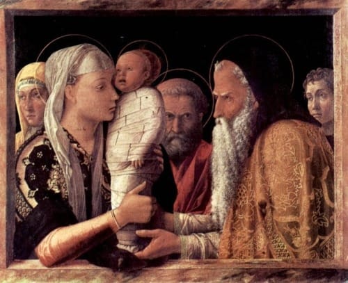 Andrea Mantegna's Presentation at the Temple (ca. 1460) comes with the caption: "Oh fuck oh fuck, thank god you’re here, Angry Santa! I don’t want to be a mummy!"