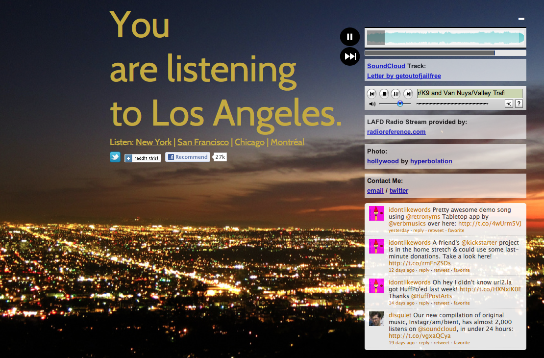 The home page of You Are Listening to Los Angeles, with SoundCloud and Radio Reference embeds.
