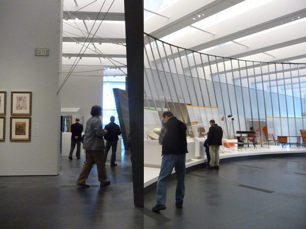 A mash-up of the installation views of In Wonderland (left) and California Design (right), both on view at LACMA's Resnick Pavilion.