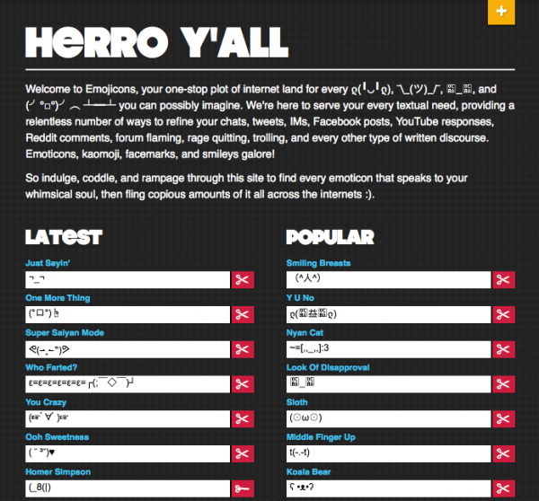 The great landing page for Emojicons features a list of new and popular emojicons for your immediate use (though I'm not sure how I feel about "Herro y'all" up top).