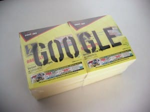 Mandiberg's broad practice as an artist includes Google, which features a laser cut of GOOGLE etched into phone books.