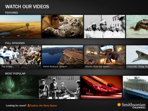 The Smithsonian Channel's iPad app features a smooth, swipe and tap interface to quickly browse through different video options. Image via iTunes App Store.