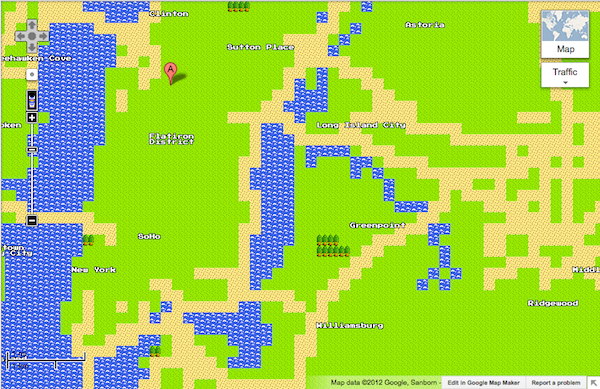 A screenshot of an 8-bit rendering of the New York City area.
