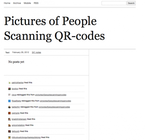 A screenshot of picturesofpeoplescanningqrcodes.tumblr.com.