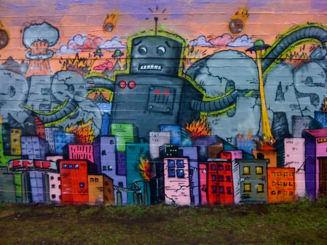 City with a giant robot.