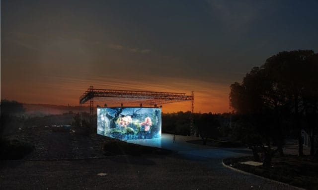 Ron Arad's "720 Degrees" with Matt Collishaw's "Sordid Earth" projected onto it