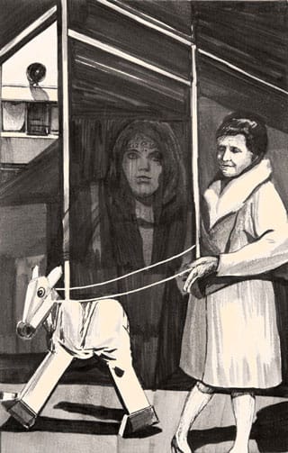 Hugo Crosthwaite, "Woman Walking a Rocking Horse"