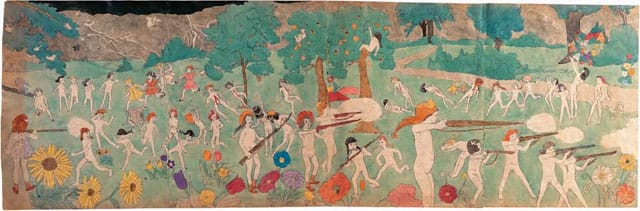 Henry Darger, "Untitled (Battle Scene during Lightning Storm, Naked Children with Rifles)"