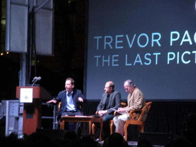 Paul Holdengräber leads a discussion with Trevor Paglen and Werner Herzog in Bryant Park.