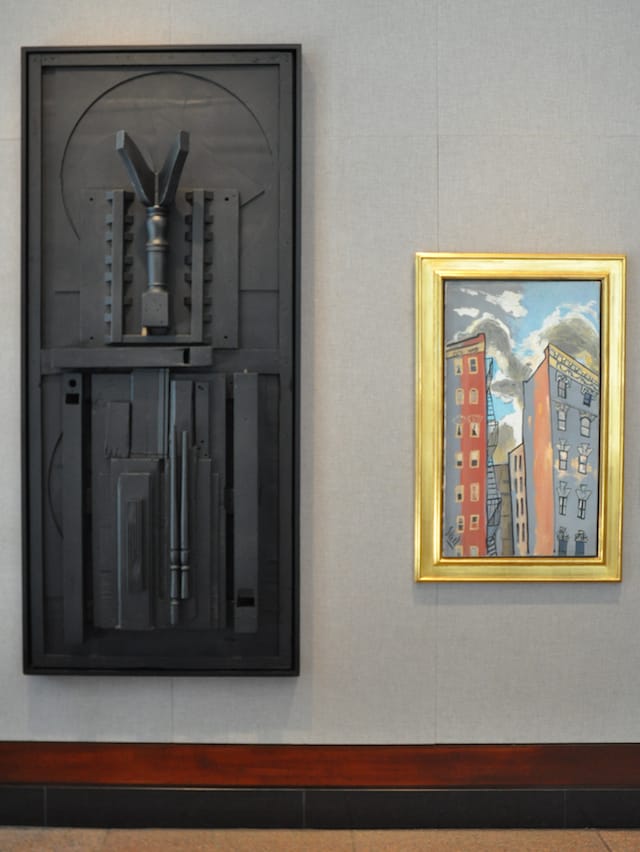 Left to right: Louise Nevelson, "Untitled" (1976–78), and Alice Neel, "Sunset in Spanish Harlem" (1958)