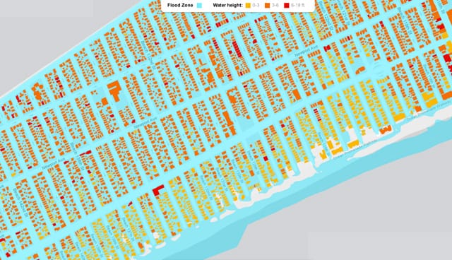 A close-up of the Belle Harbor neighborhood in the Rockaways shows the extensive flooding that occurred there.