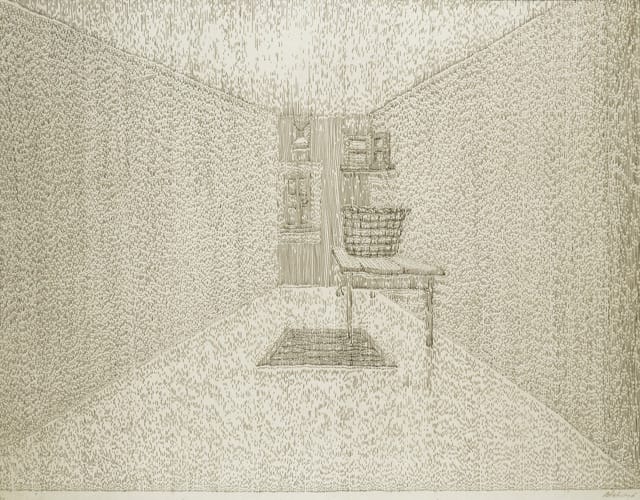Richard Artschwager, "Door Window Table Basket Mirror Rug #10" (1974), graphite and ink on paper, 22 3/4 x 31 1/4 inches
