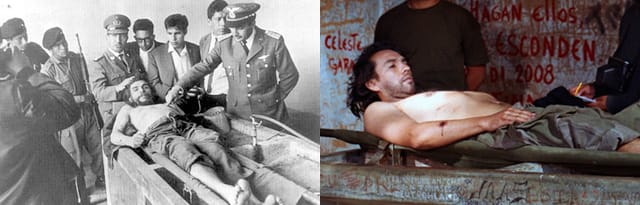 Left: Freddy Alberto's photo of Che Guevara's body (image via Wikipedia); right: Claudia Joskowicz, “Vallegrande, 1967" (2008), detail of video still