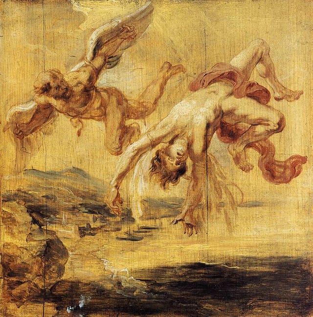 Peter Paul Rubens, "The Fall of Icarus" (1636). Oil on wood, 27 x 27 cm. Musées Royaux des Beaux-Arts, Brussels. (Image via the Web Gallery of Art)