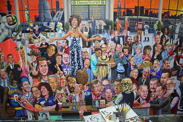 Tom Sanford, "Departures "(Last Call)" (detail) in progress (2012), 96 x 192 inches, oil on panel (image via Bravin Lee)