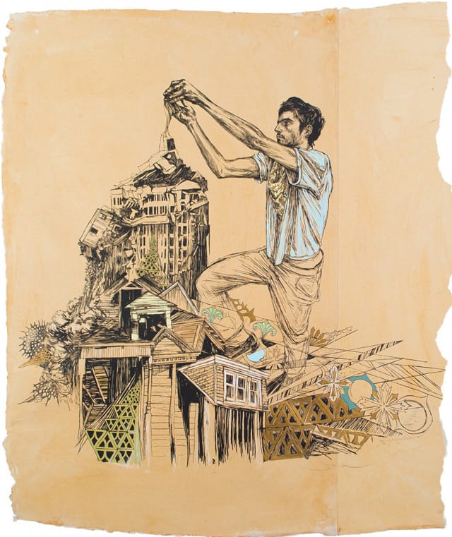Swoon's "Ben" (2012), for sale as part of Flux Factory's Not-So-Silent Auction