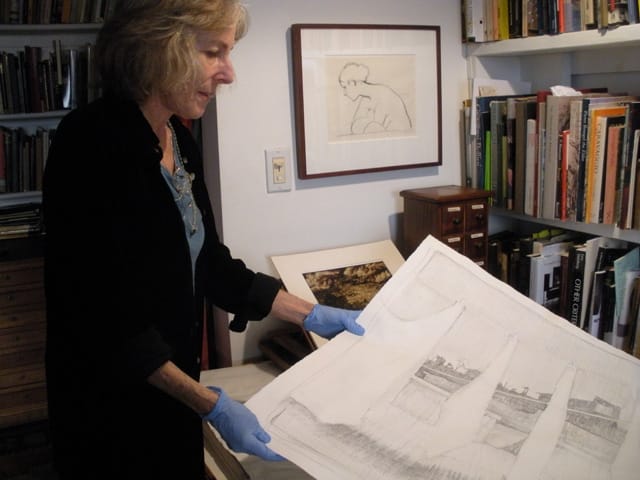 Nancy Goldring with one of her damaged but salvaged artworks (all photos by the author for Hyperallergic)