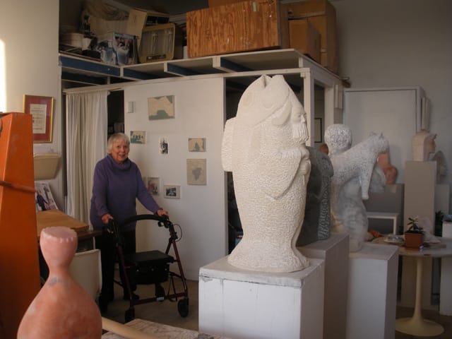 Isabel Borgata in her studio/apartment at Westbeth (all photos by the author for Hyperallergic)