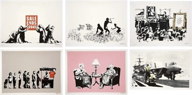 Banksy, "Barely Legal / LA Set" (Portfolio of 6 Prints) (2006), screenprint on Arches paper, 22 x 29.9 in., Est. US$90,000-120,000