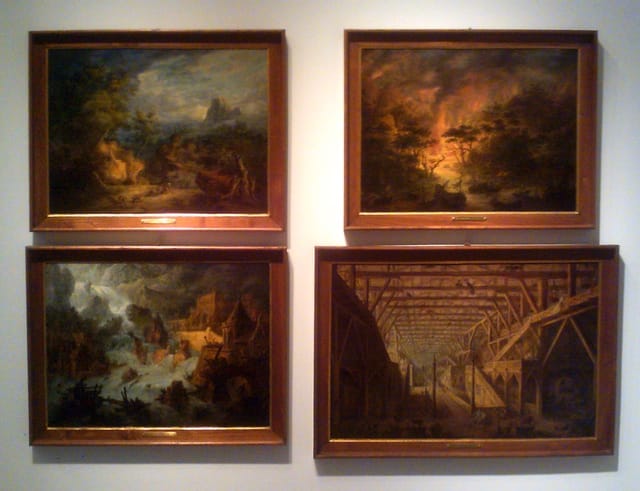 Antonio Basoli, installation view, clockwise from left: "Imaginary Landscape with Buildings and Knights in the Foreground" (ca 1840), oil and ink on board, 18 3/4 x 25 inches; "The Fire of Madeira in 1512" (1842), oil and ink on board, 18 3/8 x 24 5/8 inches; "The Interior of Noah's Arc" (ca 1833–1839), oil and ink on board, 20 5/8 x 30 5/8 inches; "Flood with Monks, a Castle and Imaginary Buildings" (1839), oil and ink on board, 18 3/4 x 25 inches.
