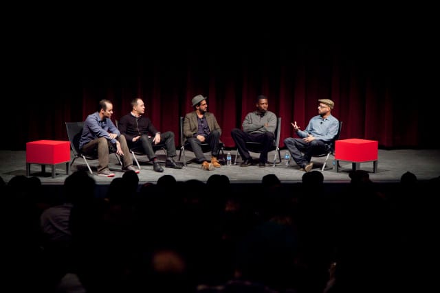 "Writers and Writers: Narrative on the Page and in the Street" panel at the Museum of Modern Art. Panel is (from left to right) Jay Smooth, Adam Mansbach, José Parlá, GZA and Alan Ket (Photo by Carly Gaebe)