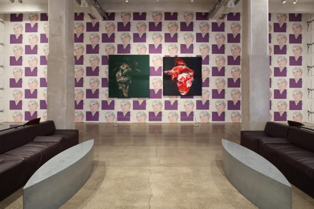 Installation view of the Warhol Museum lobby during Deborah Kass: Before and Happily Ever After 