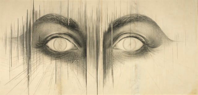 Jay DeFeo, "The Eyes" (1958). Graphite on paper, 42 x 84 3/4 in. (106.7 x 215.3 cm). Whitney Museum of American Art, New York; gift of the Lannan Foundation 96.242.3 (© 2012 The Jay DeFeo Trust / Artists Rights Society (ARS), New York; photo by Bill Orcutt)