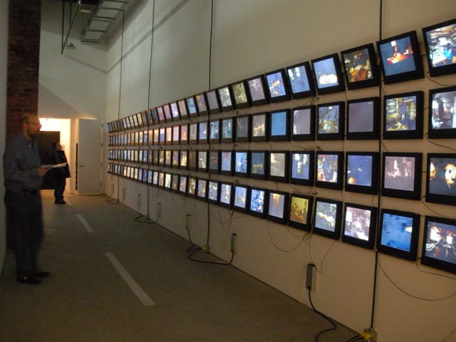 Videos by Dieter Roth on the wall, Mary Heilmann's "Two-Lane Highway" on the floor