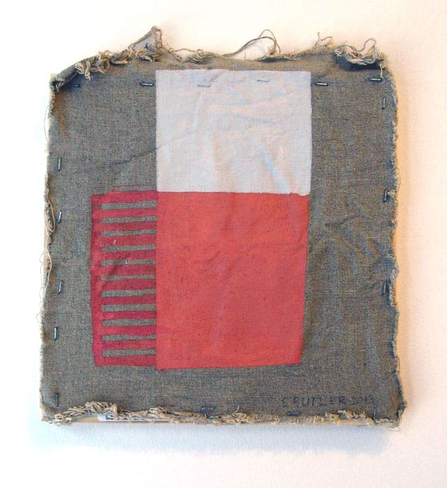 Sharon Butler, "Egress" (2013). Pigment and silica binder, staples on laundered linen, 12 x 12 inches.