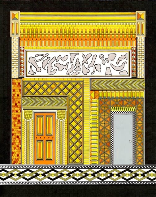 Edie Fake, "Untitled Building (Shapes)" (2012), ballpoint pen, ink, and gouache on paper, 24 x 19 inches