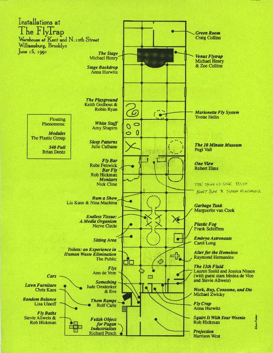 Diagram by Ebon Fisher of the warehouse at N. 10th and Kent Avenue, showing the layout for Flytrap, June 15, 1991