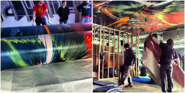 Damien Hirst painting being unrolled and installed on the Womb ceiling (photos by Mary Beth Babcock)