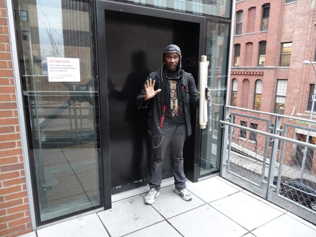 Artist Iddi Amadu in front of the High Line elevator where he says he was assaulted (image courtesy Geoffrey Croft/NYC Park Advocates)