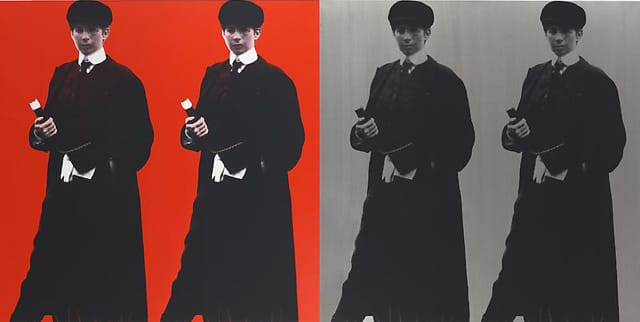 Deborah Kass, "Double Double Yentl (My Elvis)" (1993),  silkscreen on canvas, 72 x 72 inches (image via Paul Kasmin Gallery)