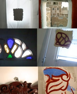 Other sections of the installation being built based on reference photos from Yemen. The piece became a doorway you could see through but not pass through and a suspended floating window motif that you can't see through. Braes used straw and plaster for building material, as they are often used in Yemen. In this piece however, their purpose has been isolated into temporary fragments. Braes said, “Fragments became the language of the installation, like remnants of something already lost before it came into being.”