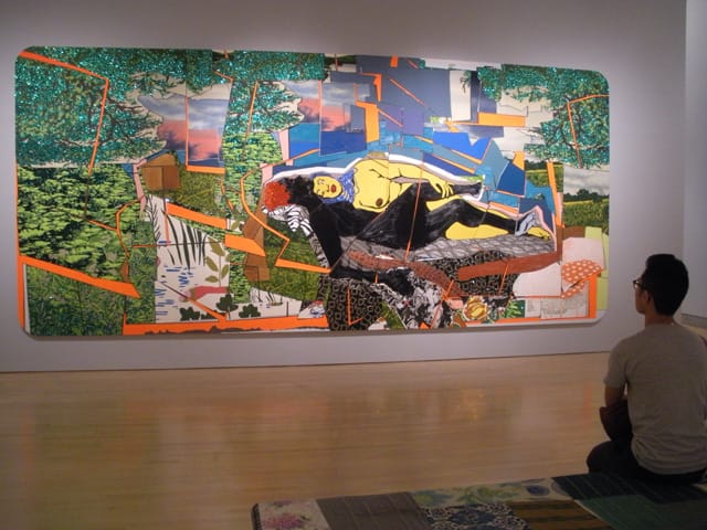 Mickalene Thomas, "Sleep: Deux femmes noires" (2012), rhinestone, acrylic paint, and oil enamel on wood panel, 108 x 240 x 2 inches (all photos by the author for Hyperallergic)