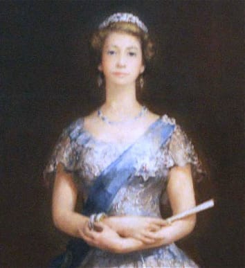 A blown up detail of the painting of Queen Elizabeth II that is on display again.