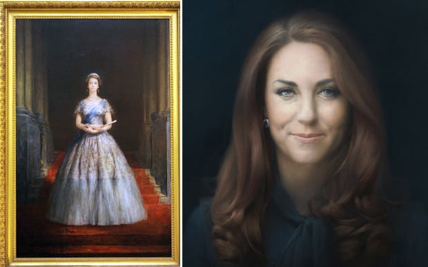 Left, John Napper's portrait of Queen Elizabeth II (1956) (Telegraph) and right, Catherine, Duchess of Cambridge, official portrait by artist Paul Emsley. (Photograph: NPG/Rex Features)