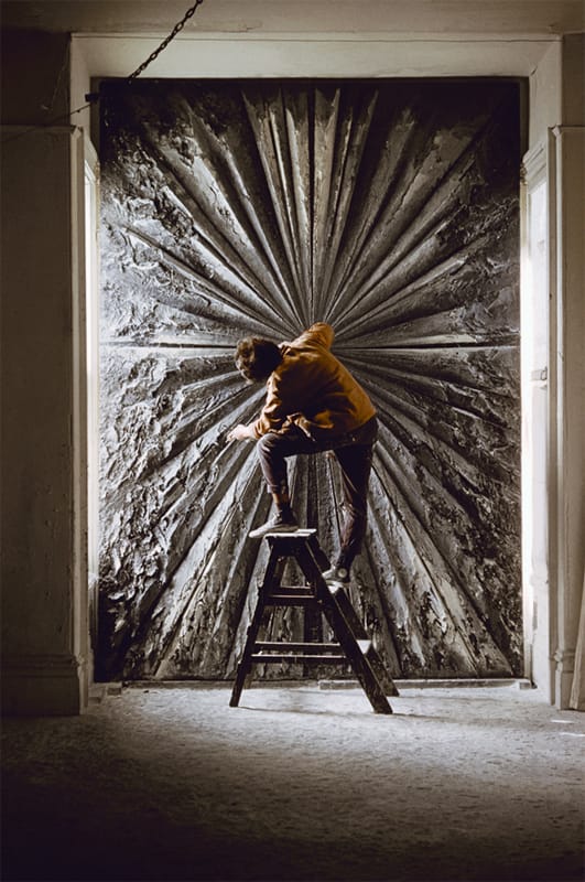 Jay DeFeo working on what was then titled "Deathrose," 1960 (Image courtesy Whitney.org)