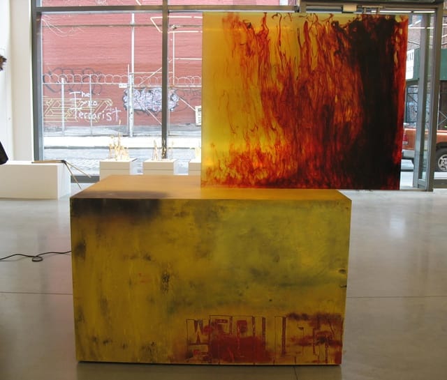 Sterling Ruby "ACTS/WS ROLLIN” (2011). Clear urethane block, dye, woodand formica, 50.5 x 62.5 x 34 inches.