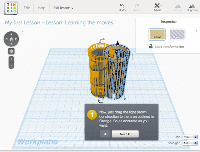 Tinkercad's software is easy to use, with a simple tutorial with different activities to help you build facility with the tools.