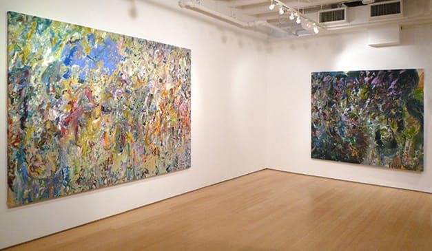 Larry Poons, "The Flying Blue Cat" (2011) and "The Venetian" (2012) (Image courtesy the artist and Loretta Howard Gallery)