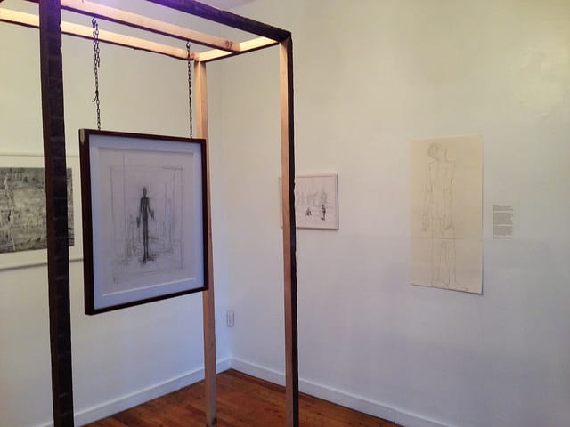 Drawings by Alberto Giacometti, Kevin Curran and Thomas Micchelli at Norte Maar. (photo by Hrag Vartanian/Hyperallergic)