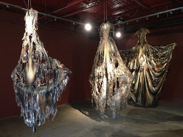 Installation view of Tescia Sufferlein's dress installation in the secondary room at English Kills art gallery. (all photos by the author for Hyperallergic)