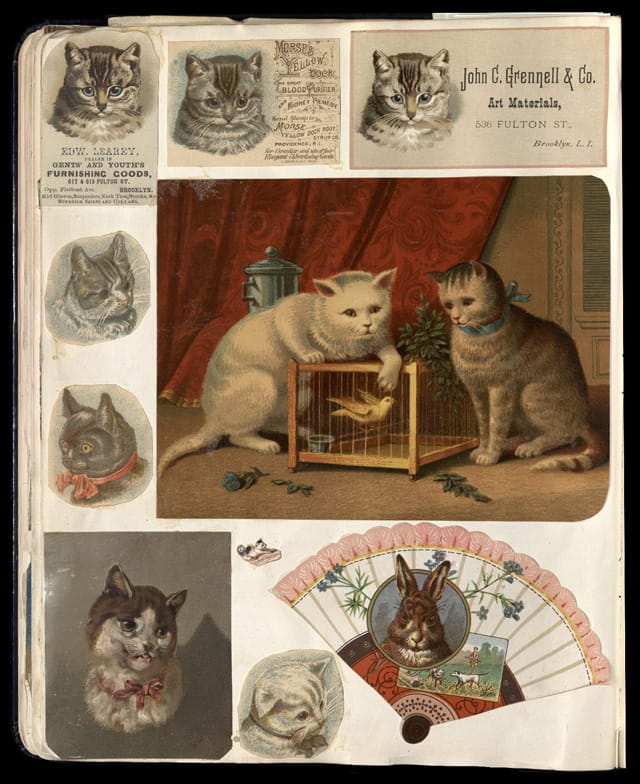 Full view of scrapbook page, including two tradecards for Brooklyn businesses: Edw Learey, John C. Grennell & Co.