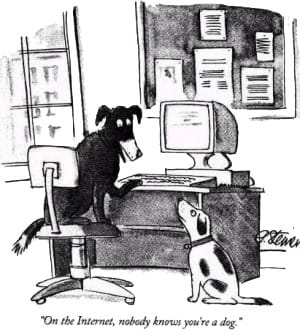 Peter Steiner's famous "On the Internet, nobody knows you're a dog" cartoon, as published in The New Yorker (via Wikipedia)
