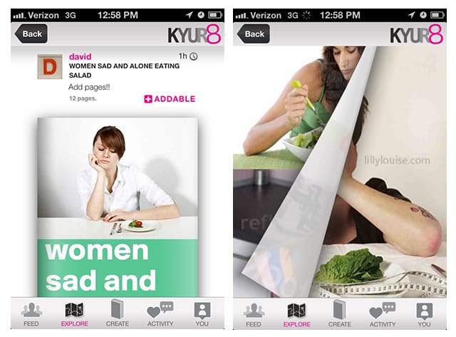 Screenshots from the Kyur8 zine "Women Sad and Alone With Salad"