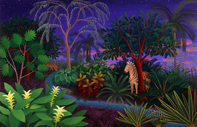 Amy Lincoln, "Jungle with Zebras" (2012), acrylic on panel, 24 x 37 inches